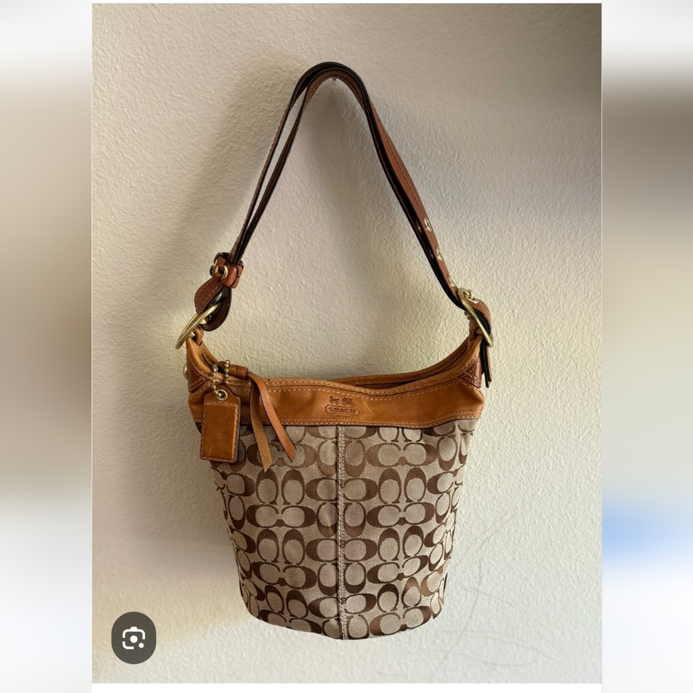 Coach Slim Bleeker Bucket Signature Brown and Tan Shoulder Bag